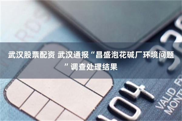 武汉股票配资 武汉通报“昌盛泡花碱厂环境问题”调查处理结果